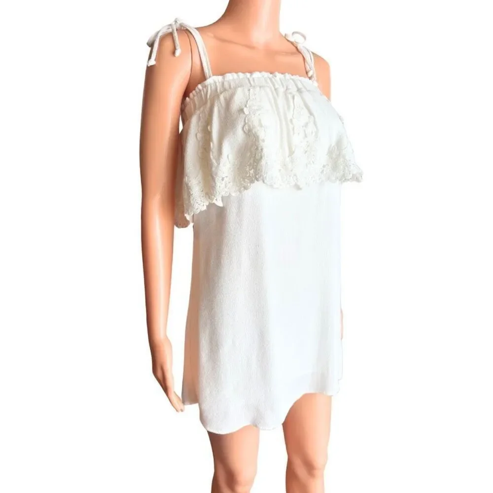 Stone Cold Fox Muriel White Lace Ruffle Strapless Mini Dress Medium Boho Fairy